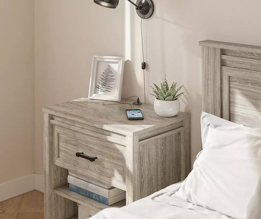 Silverton Gray Oak Nightstand with USB Charging